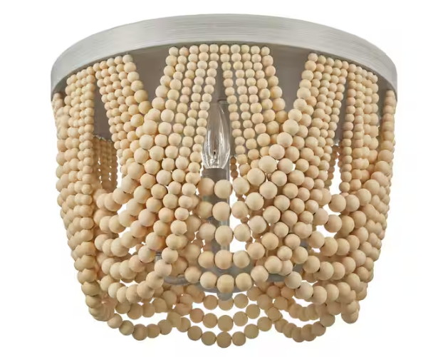 Home Decorators Collection Harlan 15 in. 3-Light Brushed Grey Flush Mount with Natural Real Wood Beads