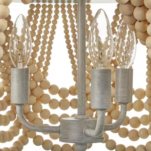 Home Decorators Collection Harlan 15 in. 3-Light Brushed Grey Flush Mount with Natural Real Wood Beads