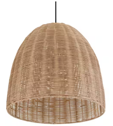 Hampton Bay Highler 60-Watt 1-Light Matte Black Hanging Shaded Pendant Light with Natural Rattan Shade
