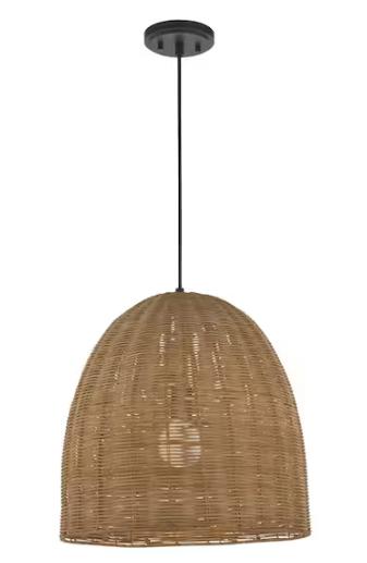 Hampton Bay Highler 60-Watt 1-Light Matte Black Hanging Shaded Pendant Light with Natural Rattan Shade