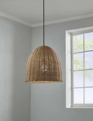 Hampton Bay Highler 60-Watt 1-Light Matte Black Hanging Shaded Pendant Light with Natural Rattan Shade