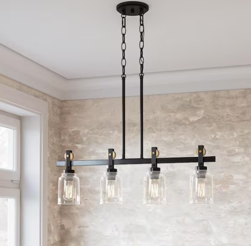Home Decorators Collection Knollwood 4-Light Antique Bronze Linear Chandelier with Vintage Brass Accents and Clear Glass Shades