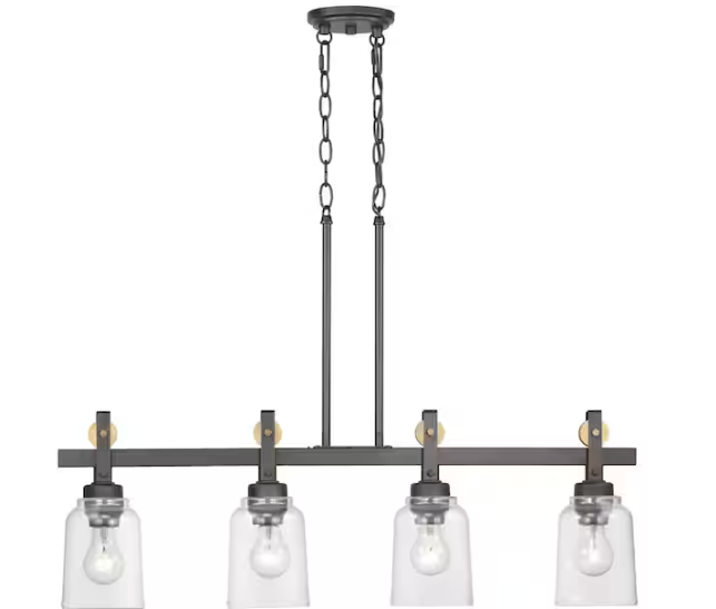 Home Decorators Collection Knollwood 4-Light Antique Bronze Linear Chandelier with Vintage Brass Accents and Clear Glass Shades