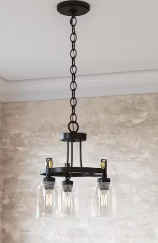 Home Decorators Collection Knollwood 17-1/2 in. 3-Light Black Bronze with Brass Accents Industrial Round Chandelier for Kitchens Bulbs Included