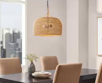 Hampton Bay Summerpoint 120-Watt 2-Light Black Shaded Pendant Light with Natural Woven Shade, No bulbs Included