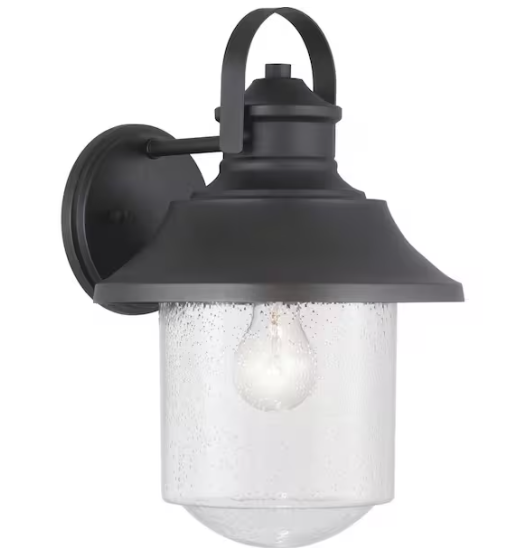 Progress Lighting Lakelynn 1-Light 12 in. Textured Black Outdoor Wall Lantern with Clear Seeded Glass