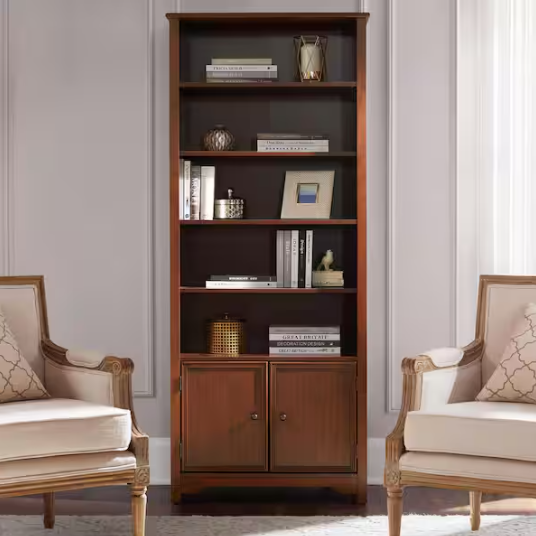 Home Decorators Collection Bradstone 72 in. Walnut Brown Wood Open Bookcase with 2 Doors