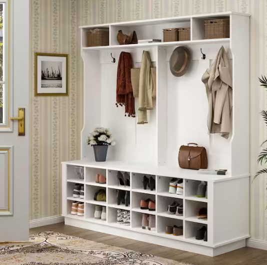 FUFU&GAGA 63 in. W White Wood 3-in-1 Hall Tree Coat Rack Shoe Storage Bench with 6-Metal Double Hooks, Shoe Rack and Shelves