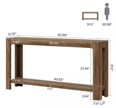 BYBLIGHT Turrella 63 in. Rustic Brown Rectangle Wood Console Table with 2-Tier for Storage, Narrow Long Sofa Table Behind Couch