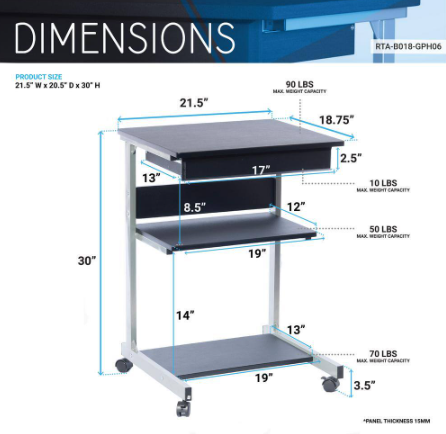 TECHNI MOBILI 22 in. Rectangular Graphite/Chrome 1 Drawer Laptop Desk with Wheels
