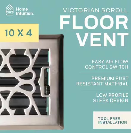 HOME INTUITION Victorian Scroll 4x10 Inch Decorative Floor Register Vent with Mesh Cover Trap, Satin Nickel