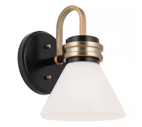 KICHLER Farum 9.5 in. 1-Light Black with Champagne Bronze Bathroom Wall Sconce Light with Opal Glass Shade