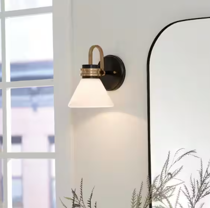 KICHLER Farum 9.5 in. 1-Light Black with Champagne Bronze Bathroom Wall Sconce Light with Opal Glass Shade