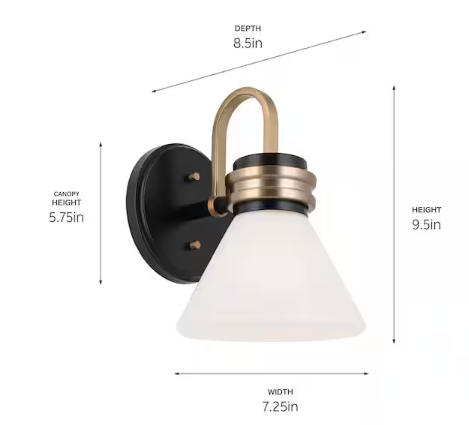 KICHLER Farum 9.5 in. 1-Light Black with Champagne Bronze Bathroom Wall Sconce Light with Opal Glass Shade