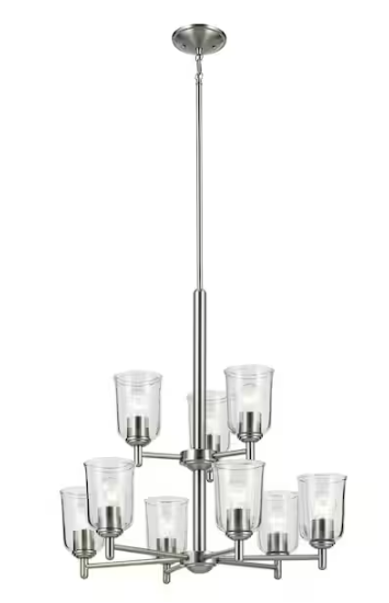KICHLER Shailene 26.5 in. 9-Light Brushed Nickel 2-Tier Traditional Clear Glass Shaded Bell Chandelier for Dining Room
