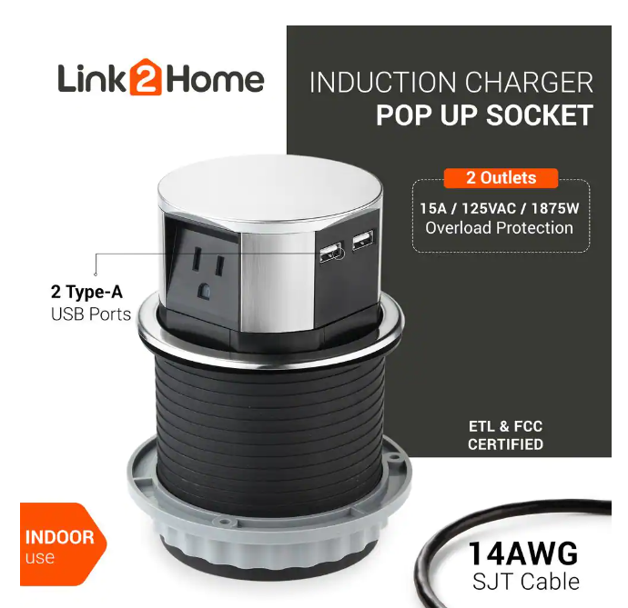 Space Saver Pop Up-Outlet, 3 Power Outlets 15 Amp, 2 USB Ports 2.4 Amp, Overload Protection, Splash Resistant