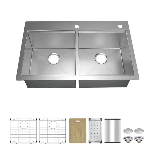 Glacier Bay - Zero Radius Drop-in/Undermount 16G Stainless Steel 36 in. 2-Hole Double Bowl Workstation Kitchen Sink with Accessories