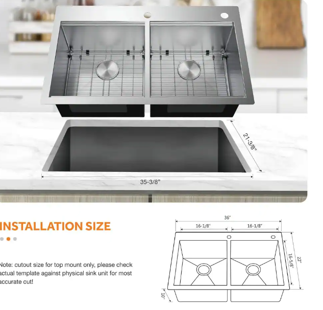 Glacier Bay - Zero Radius Drop-in/Undermount 16G Stainless Steel 36 in. 2-Hole Double Bowl Workstation Kitchen Sink with Accessories