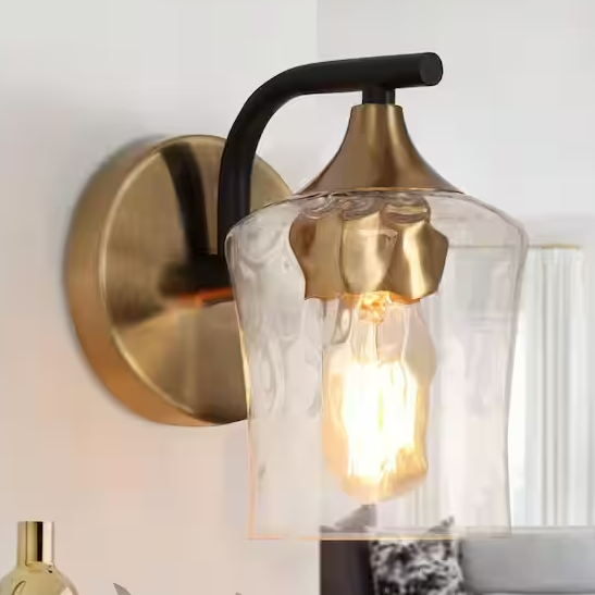 Jallie Classic 1-Light Brass Gold Water Glass Wall Sconce, Contemporary Cylinder Vanity Light Black Wall Light